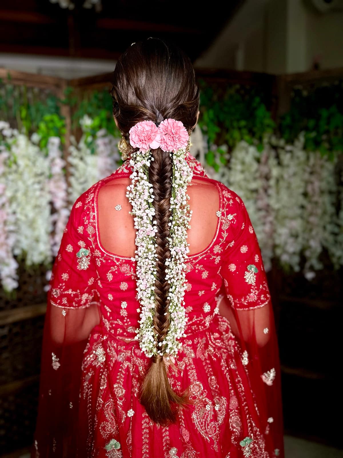 Gypsophila & Carnation Festive Floral Braid — bridal makeup by Makeovers by Bhuvita, Chandigarh
