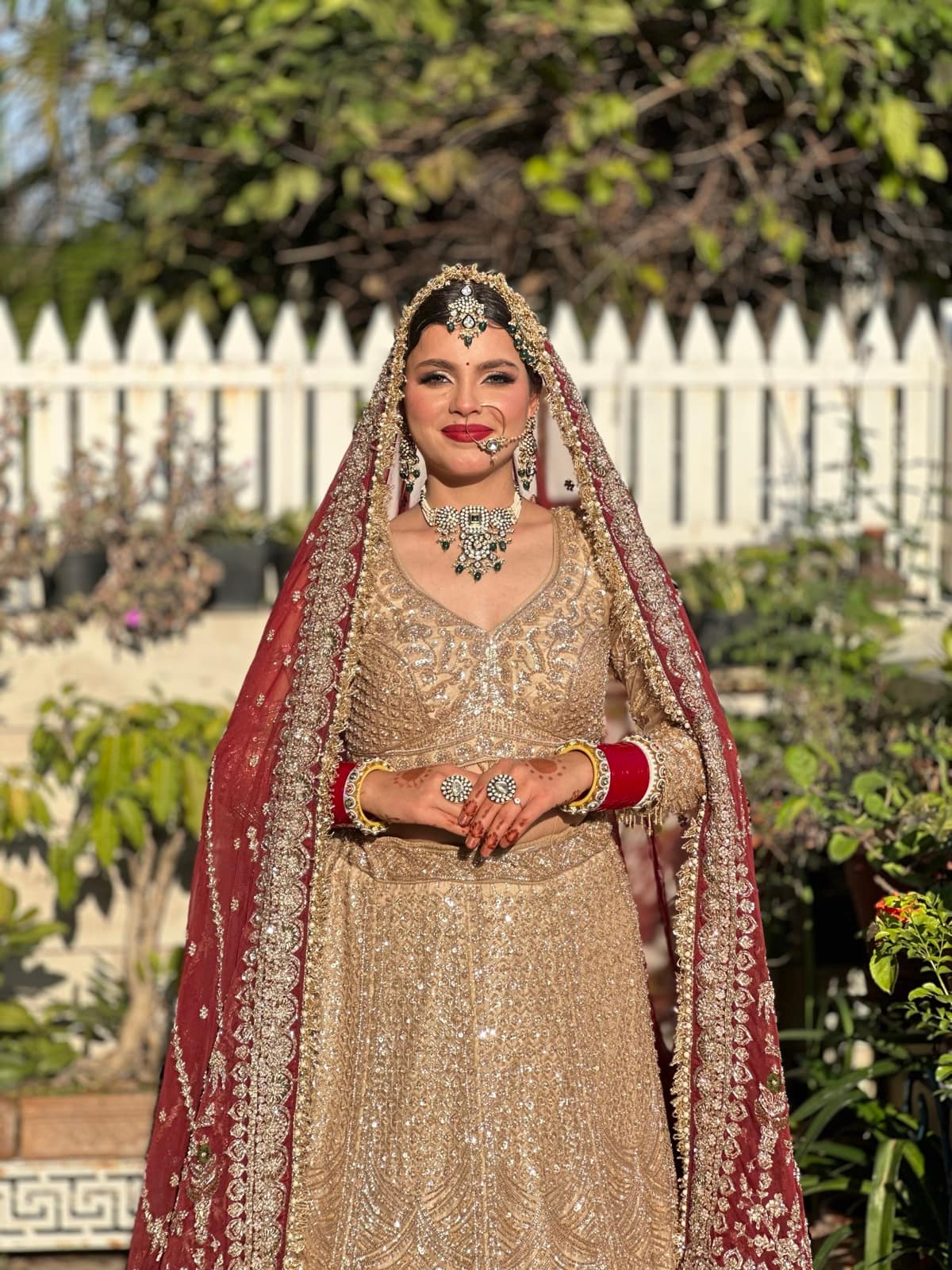 Golden Champagne Bridal Lehenga & Daylight Glow — bridal makeup by Makeovers by Bhuvita, Chandigarh