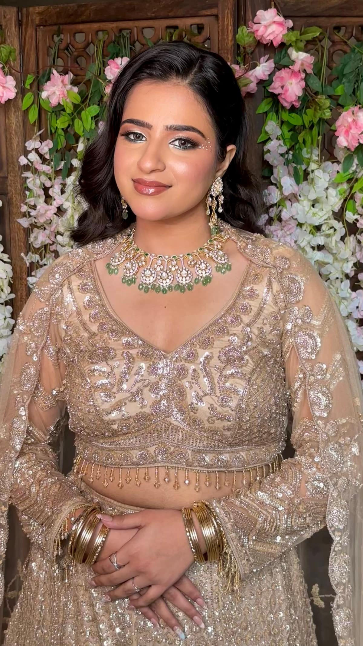 Champagne Sequin Gown & Emerald Polki Choker — bridal makeup by Makeovers by Bhuvita, Chandigarh