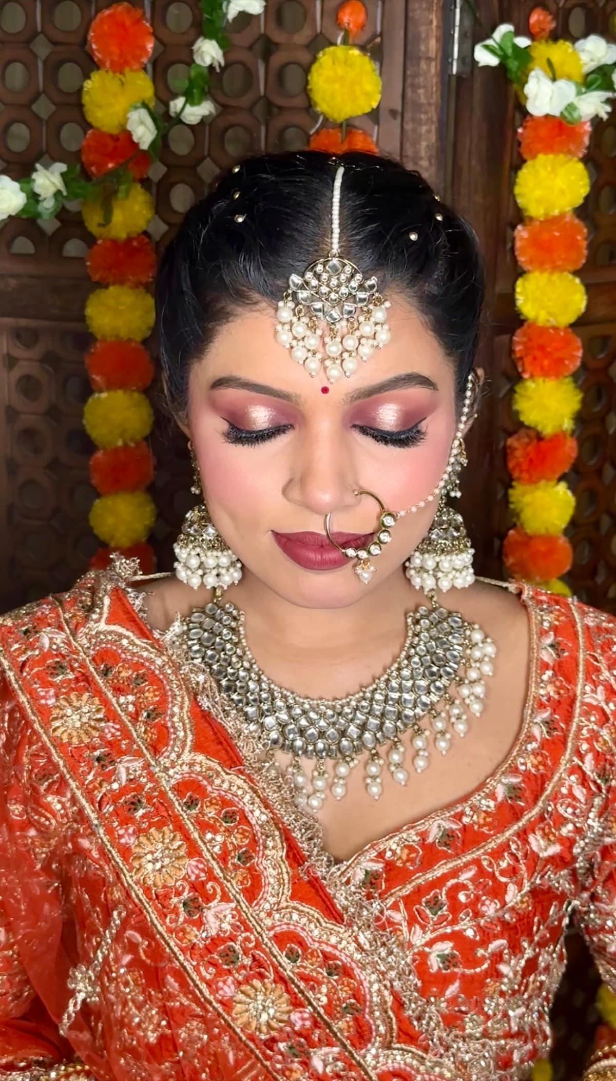 Rose-Gold Shimmer Eyes & Marigold Mehendi Theme — bridal makeup by Makeovers by Bhuvita, Chandigarh