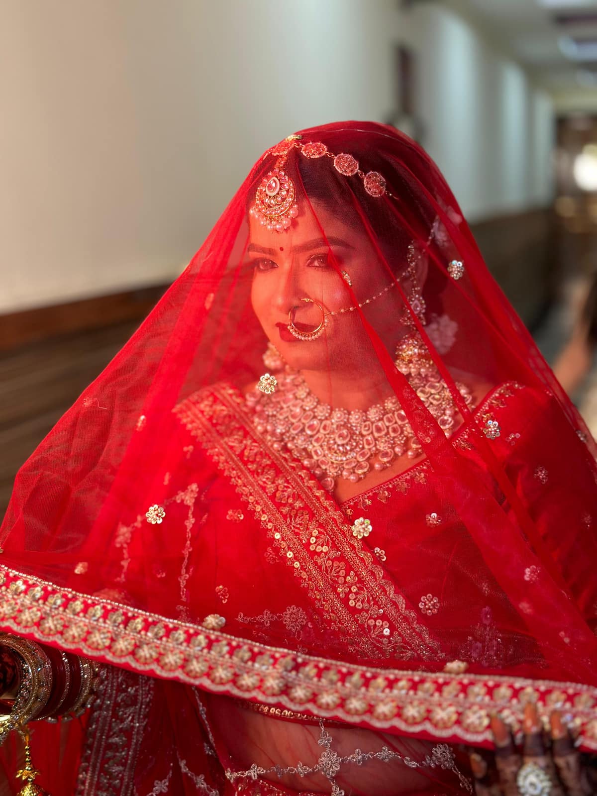 Classic Red Bridal Veil & Nath Artistry — bridal makeup by Makeovers by Bhuvita, Chandigarh