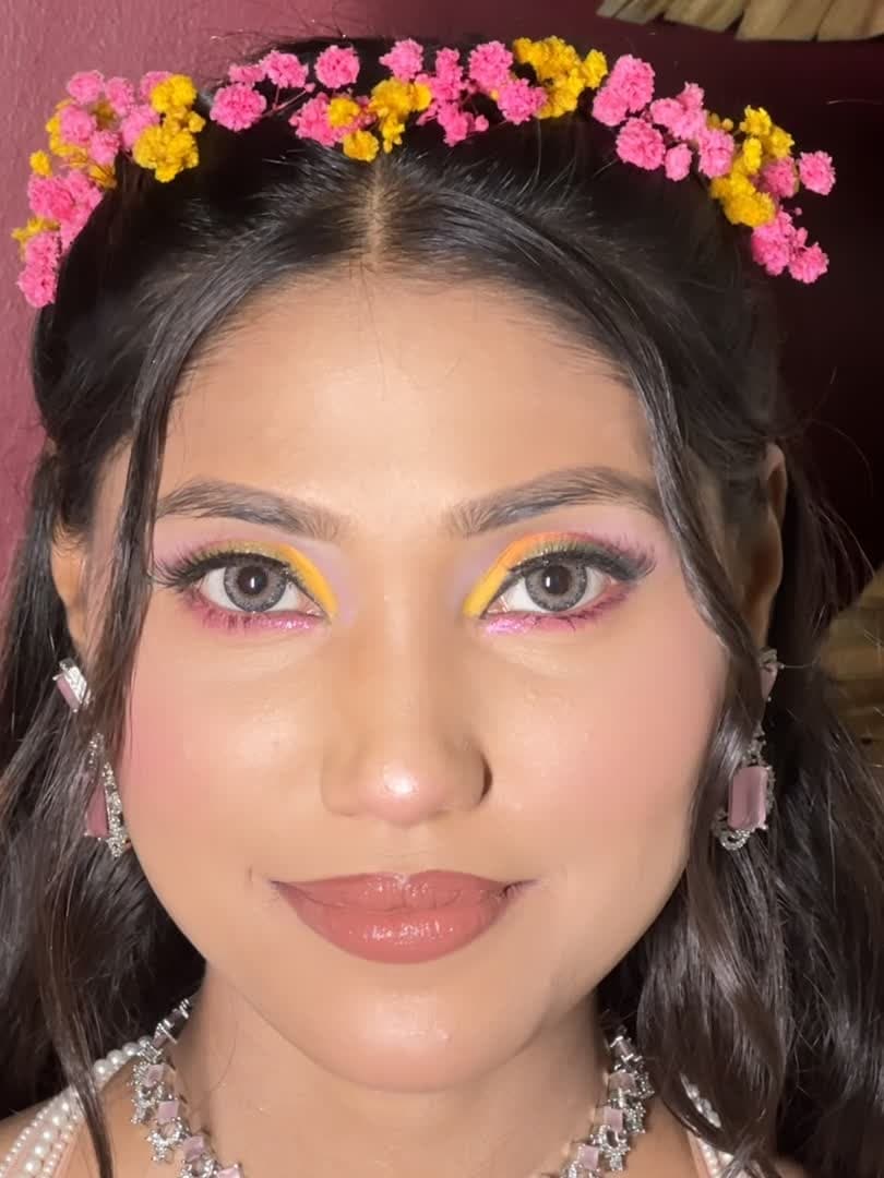 Vibrant Sunset Eye Artistry & Festive Floral Crown — bridal makeup by Makeovers by Bhuvita, Chandigarh